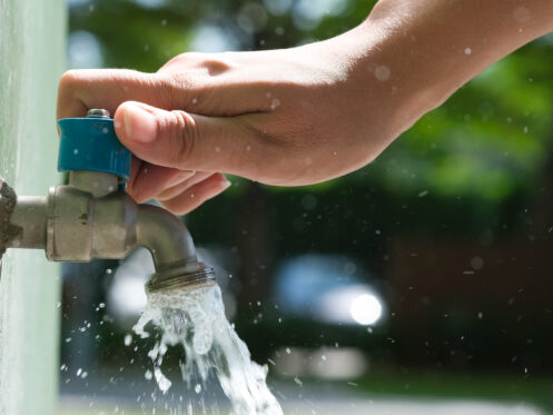 A woman turning on an outside spigot in AZ