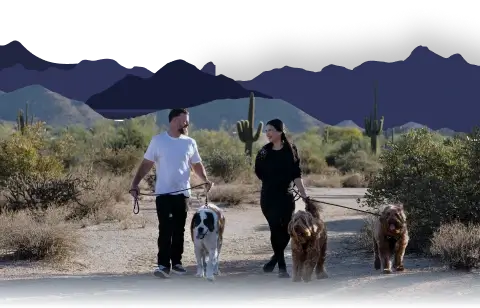 Couple walking three dogs in the Arizona desert